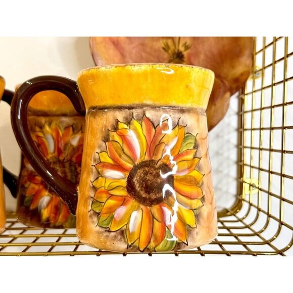 Set of 6 Vintage Clay Art Sunflower Ceramic Mugs HandPainted, Rustic Style - Picture 7 of 10